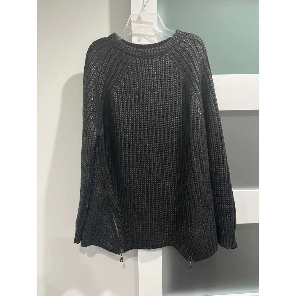 Mango Suit Chunky Knit Sweater Black Crew Neck Raglan Sleeve Side Zippers Size M